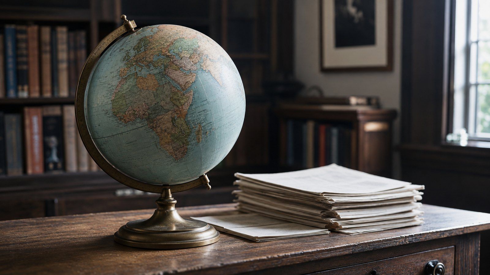 Mappamondo su una scrivania di legno accanto a una pila di documenti, in uno studio foderato di libri, immagine d'insegna della sezione Esteri e Geopolitica